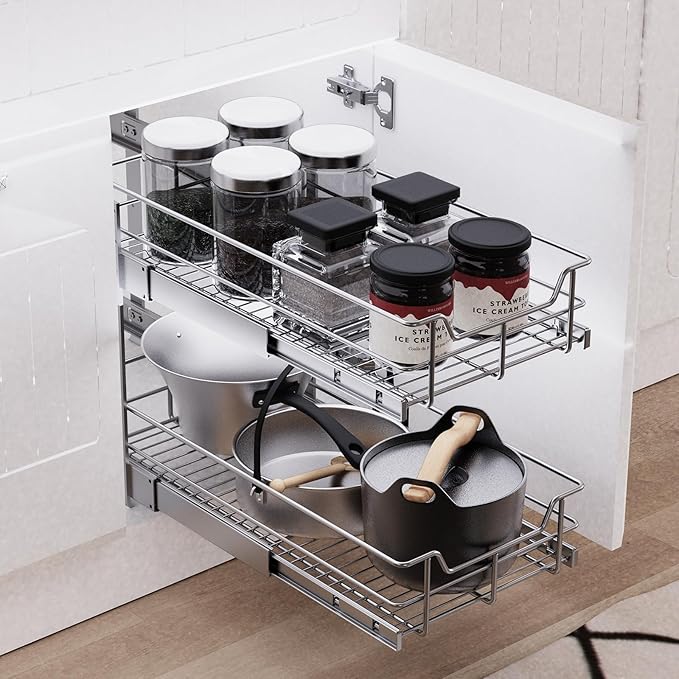 2 Tier Pull Out Cabinet Organizer 11" W X 22" D, Slide Out Drawers For Kitchen Cabinets, Pull Out Drawers For Cabinets Capacity Heavy Duty Caddy, Cabinet Pullout Shelves Chrome-Plated, Bathroom Pantry - Image 5