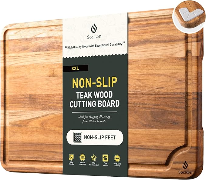 Extra Large Teak Wood Cutting Board 20inch for Kitchen Non Slip Feet Over Sink Butcher Block Chopping Board Nice Solid Thick Wooden Juice Groove Big Xl XXl large Best Hardwood Kitchen Counter Organic by Socisen