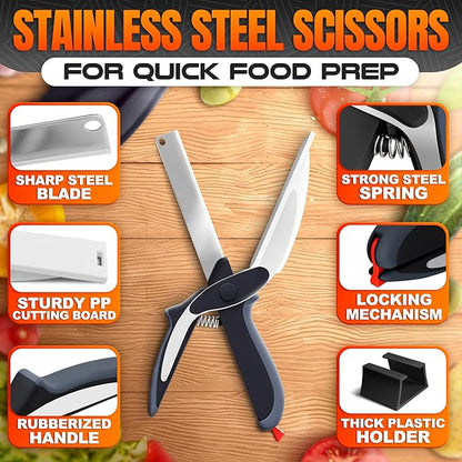 Cutting Board Scissors - 2 In 1 Kitchen Scissors with Cutting Board Knife Combo with Safety Lock and Storage Holder, Sharp Stainless Steel Blade, Dishwasher Safe - For Slicing Vegetables and Fruits