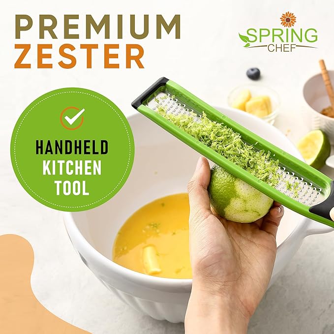 Spring Chef Premium Lemon Zester Grater with Handle - Orange, Garlic, Ginger, Nutmeg, Cheese Grater- Handheld Sharp Kitchen Tool - Stainless Steel Citrus Zester with Blade Cover - Fine Shred, Green - Image 7