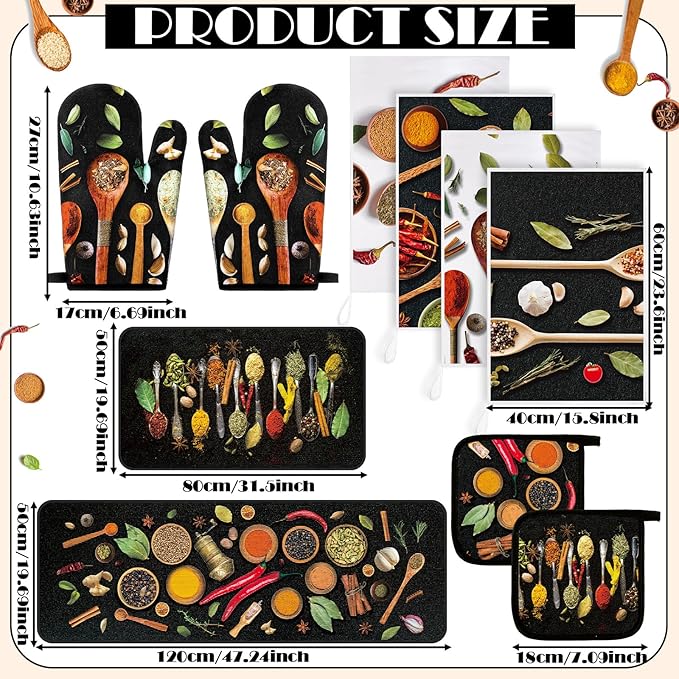 Fourluoo 10 Pcs Farmhouse Kitchen Decor and Accessories Set 4 Kitchen Towels 2 Pot Holders 2 Oven Mitts 2 Rugs for Cooking Baking Mom Housewarming Gifts(Vivid Color,Colorful Spices) - Image 3