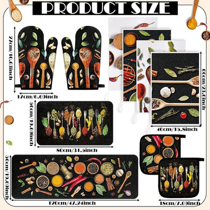 Fourluoo 10 Pcs Farmhouse Kitchen Decor and Accessories Set 4 Kitchen Towels 2 Pot Holders 2 Oven Mitts 2 Rugs for Cooking Baking Mom Housewarming Gifts(Vivid Color,Colorful Spices) - Image 3
