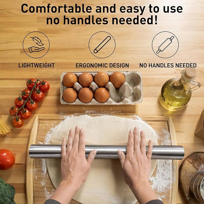Zulay Kitchen 15.9 inch Professional Stainless Steel Rolling Pin - Lightweight Metal French Rolling Pin - Perfect for Baking, Fondant, Pizza Dough Roller, Dumpling - Image 3