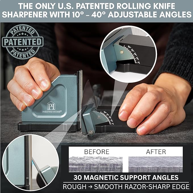 PATENTED ORIGINAL ADJUSTABLE ROLLING KNIFE SHARPENER KIT: Adjustable Height, 30 Angle Options, 5 Removeable Whetstone Plates, Leather Strop with Travel Case - Kitchen Knife Sharpener - Image 2
