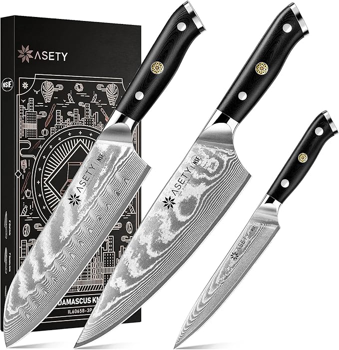 Damascus Knife Set 3 PCS: Japanese Kitchen Knives with VG10 Steel Core, Ultra-Sharp Professional Chef Knife Set, Full Tang G10 Handle, NSF Food-Safe, Elegant Box for Men Him Husband, Mothers Day
