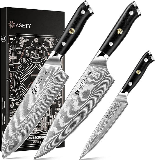Damascus Knife Set 3 PCS: Japanese Kitchen Knives with VG10 Steel Core, Ultra-Sharp Professional Chef Knife Set, Full Tang G10 Handle, NSF Food-Safe, Elegant Box for Men Him Husband, Mothers Day