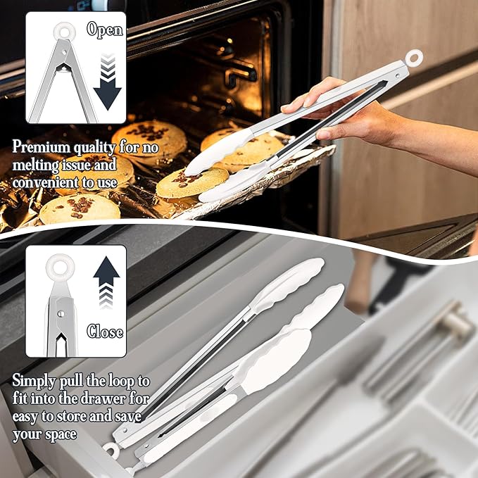 TeamFar Kitchen Tongs, 9" and 12" Stainless Steel Cooking Tongs with Silicone Tips for Cooking Grilling Serving & BBQ, Heat Resistant Silicone Tongs, Locking Design & Dishwasher Safe, Set of 2 & White - Image 6