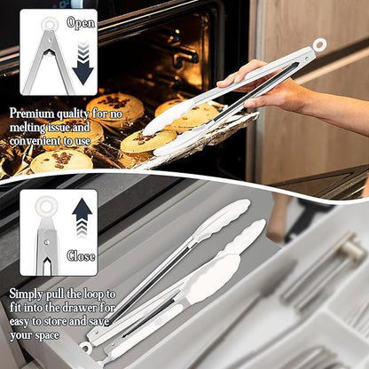 TeamFar Kitchen Tongs, 9" and 12" Stainless Steel Cooking Tongs with Silicone Tips for Cooking Grilling Serving & BBQ, Heat Resistant Silicone Tongs, Locking Design & Dishwasher Safe, Set of 2 & White - Image 6