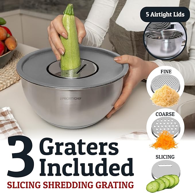 Priority Chef Stainless Steel Mixing Bowls with Lids Set, Metal Nesting Bowls with Airtight Lids, Graters, Non-Slip Base & Measurement Marks, Includes Utensil Set for Prep, Baking & Storage, Grey - Image 3