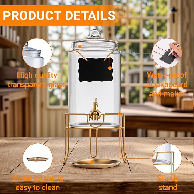 1 Pack1 Gallon Glass Drink Dispensers For Parties.Beverage Dispenser,Glass Drink Dispenser With Stand - Image 5