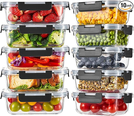 Liuruiyu 10 Pack Glass Food Storage Containers with Lids, Meal Prep Containers, Airtight Bento Boxes with Leak Proof Locking for Microwave, Oven, Freezer and Dishwasher, BPA Free by Liuruiyu