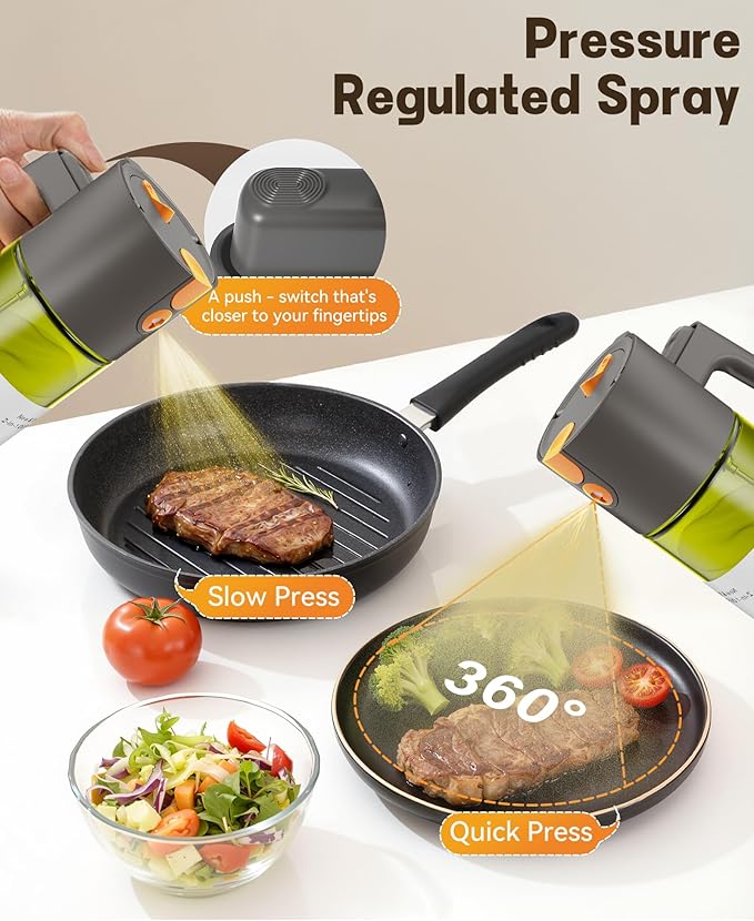 OURCABECUE Upgrade 2 in 1 Oil Sprayer for Cooking, 17oz Light-Blocking Glass Olive Oil Dispenser Bottle for Kitchen,Food-Grade Oil Mister with 8 Stickers for Salad, Frying (Green Bottle-Grey Gap) - Image 3