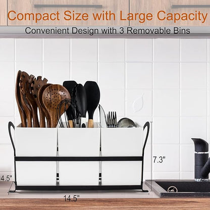 Czlizdyt Large Kitchen Utensil Holder, Drainage Utensil Caddy for Countertop, 3pcs Bins Set Cooking Utensil Organizer for Spoons, Spatulas, White - Image 3