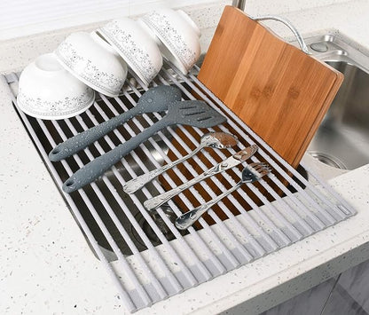 Surpahs 17.5 x 13.1 Inch Roll-Up Dish Drying Rack, Fits Across Sink Openings up to 16.5 Inches, Heavy-Duty Premium Silicone, Strong Support, Non-Slip, Heat-Resistant, Warm Gray - Image 7