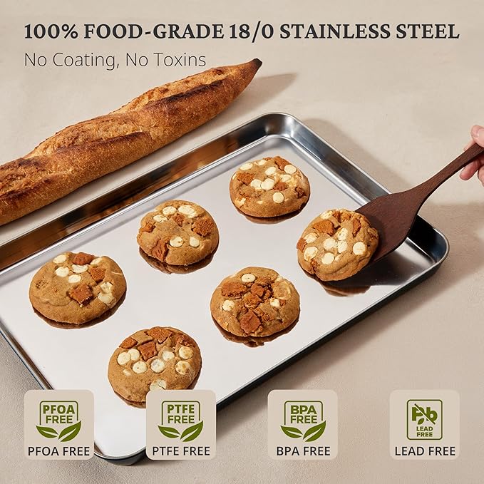 BRONYPRO Stainless Steel Baking Sheet Pan Set of 3, Cookie Sheets 9/12/16 In, Non-Toxic Uncoated Interior (PFOA & PTFE Free), Solid Warp-Resistant Cooking Trays for Oven & Toaster, Navy Exterior - Image 3