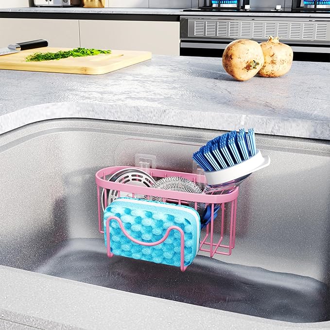 HapiRm Sponge Holder for Kitchen Sink - Sink Caddy with Unique M-Shaped, 2 Installation Methods Kitchen Organizer, Rustproof Stainless Steel Sponge Caddy - Pink - Image 6