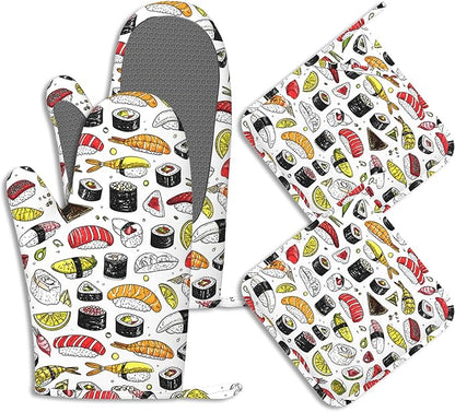 Japanese Kawaii Sushi Potholders & Oven Mitts Sets Cute Sushi Roll Silicone Heat Resistant Oven Mits and Hot Pads Non-Slip Pot Holders Gloves for Kitchen Chef Cooking Baking Grilling BBQ