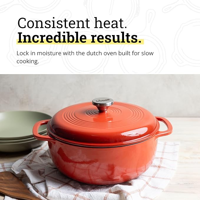 Lodge Essential Enamel Cast Iron Dutch Oven - Perfect for Bread Baking, Braising, Marinating & Slow Cooking - Features Moisture-Sealing Lid & Dual Handles - Kitchen Essentials - 6 Quarts - Poppy - Image 3