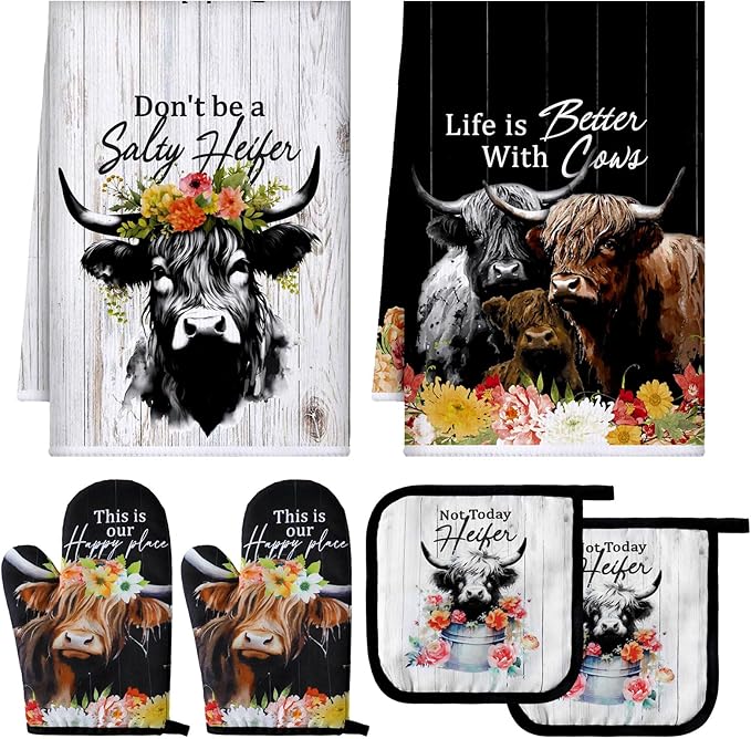 Bencailor 6 Pcs Cattle Kitchen Towels Oven Mitts and Pot Holders Set Decorative Dish Towels Tea Washcloth Non Slip Heat Resistant Oven Gloves for Summer Home Cooking Baking, Retro Color by Bencailor