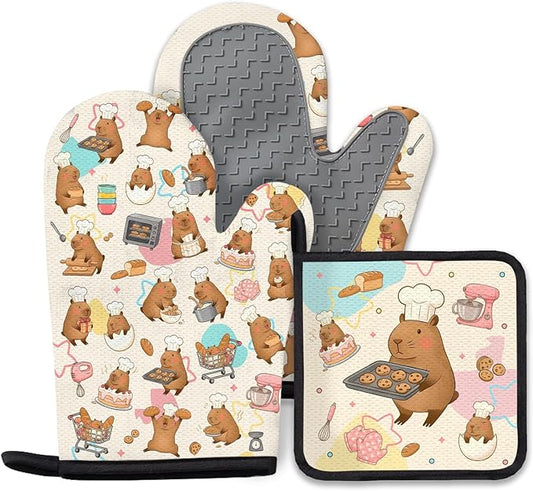 Capybara Gifts for Women, Funny Capybara Oven Mitt & Pot Holder Set, Heat Resistant Silicone Kitchen Mittens, Birthday Mother's Day Housewarming Gift Idea for Mom, Wife, BFF