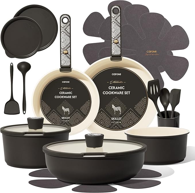 CAROTE 21-Piece Ceramic Cookware Set, Nonstick Pots and Pans Set with Detachable Handle, Non-Toxic Kitchen Cooking Set, Induction Compatible, Dishwasher & Oven Safe, Charcoal by CAROTE