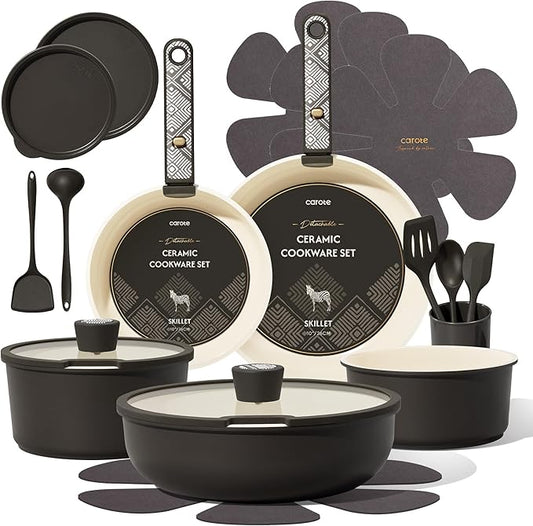 CAROTE 21-Piece Ceramic Cookware Set, Nonstick Pots and Pans Set with Detachable Handle, Non-Toxic Kitchen Cooking Set, Induction Compatible, Dishwasher & Oven Safe, Charcoal by CAROTE