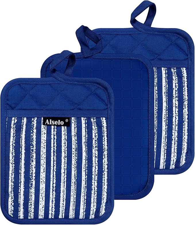 Alselo Silicone Pot Holders Set of 3 Heat Resistant & Non Slip Potholders, Professional Oven Hot Pads with Pockets Mitts for Kitchen Cooking Baking Barbecue (Cobait Blue, 3) by Alselo-Enjoyahealthylife