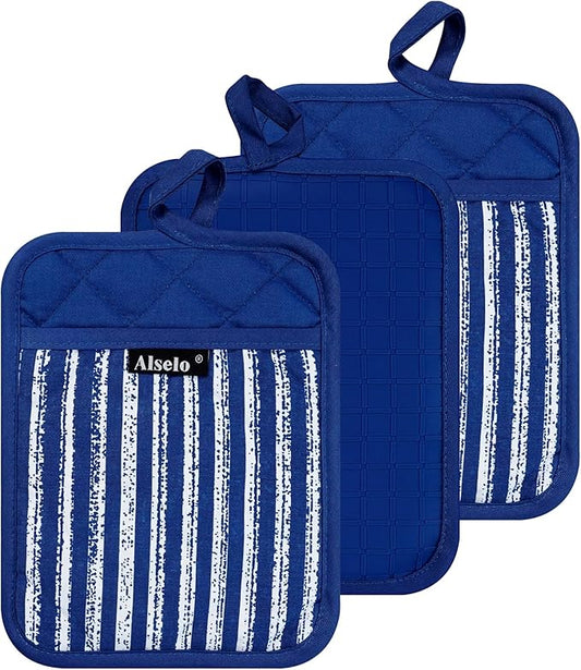Alselo Silicone Pot Holders Set of 3 Heat Resistant & Non Slip Potholders, Professional Oven Hot Pads with Pockets Mitts for Kitchen Cooking Baking Barbecue (Cobait Blue, 3) by Alselo-Enjoyahealthylife