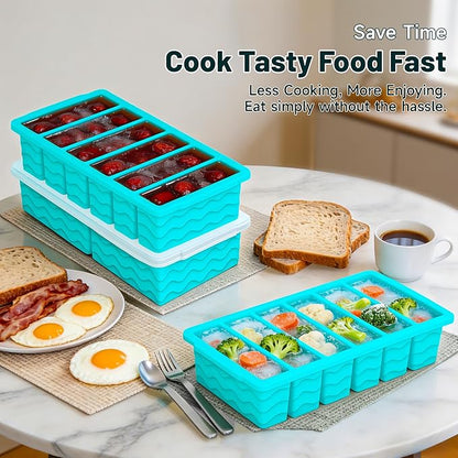3-Pack Silicone Freezer Trays with Lid, Soup Freezer Container Molds, Silicone Freezer Molds, Ice Cube Tray for freezing Soup Sauce Broth Leftovers, Dishwasher & Oven Safe, BPA Free (1/2-cup,blue)