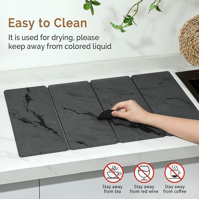 Large Stone Dish Drying Mat for Kitchen Counter, 2 PCS Quick Dry Stone Mats, Foldable Water Absorbing Diatomaceous Earth Drying Dishes Pad for Countertop Bottles Utensils Cup(Dark gray 24"x16"&8"x4") - Image 5