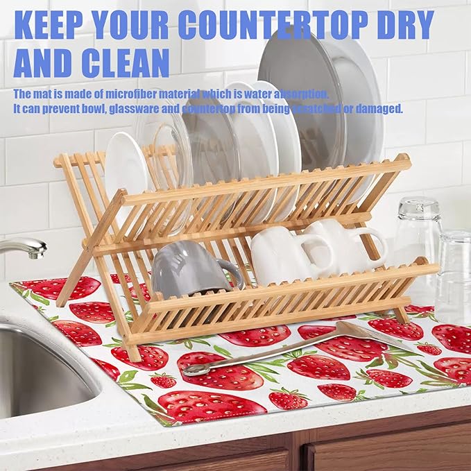 Strawberry Dish Drying Mat for Kitchen Counter Drying Pad Absorbent Reversible Dish Drainer Rack Mats Draining Pad 18"x24"Inch - Image 5