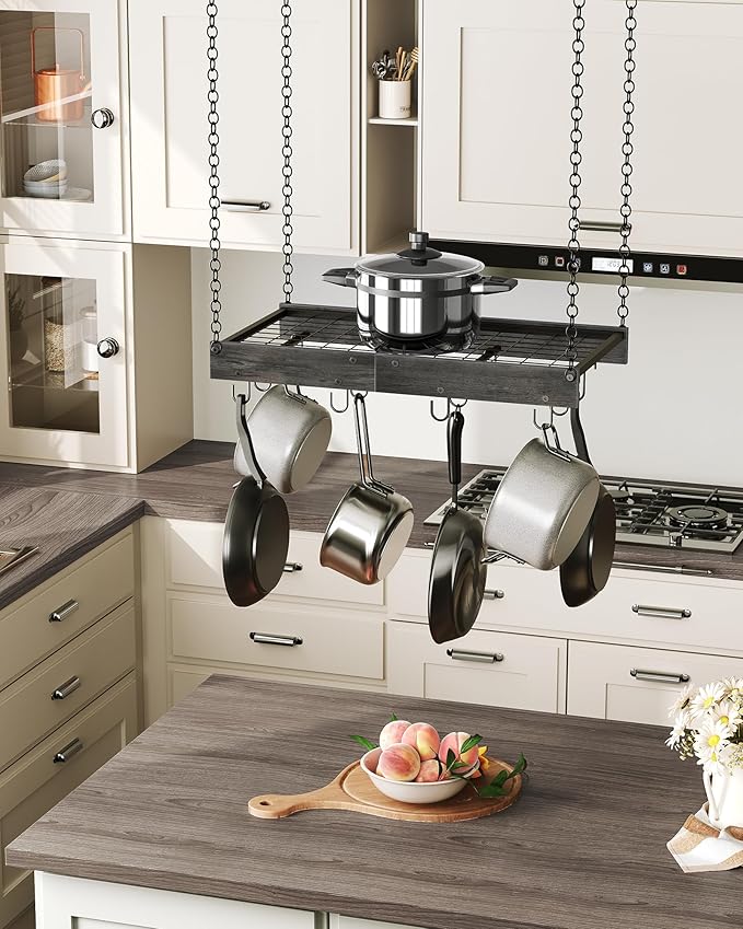 CHOEZON Hanging Pot Rack, Ceiling Mounted Pot Hanger, Vintage Pot Rack for Kitchen, Pot Storage Organizer, with 12 S-Shaped Hooks, for Cookware Storage, Space Saving, Charcoal Black and Black TPR01BC - Image 2