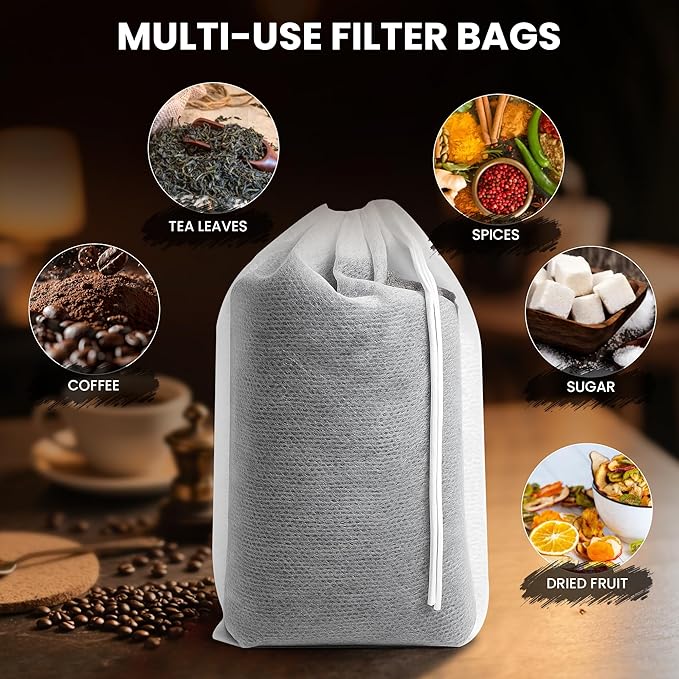 Cold Brew Bags, 100 Count Brew Coffee Filter Bags, 6 * 8 Inch Fine Mesh Drawstring Pouches, Fits Mason Jars & French Press, Ideal for Tea, Herbs & Spices - Image 5