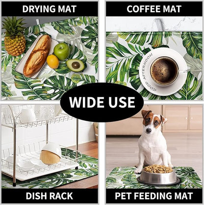 Tropical Palm Leaves Dish Drying Mat for Dishes 16x18 Inch Spring Green Monstera Leaf Drying Mat Watercolor Herbs Dish Drainer Mat Super Absorbent Dish Rack Pad for Coffee Bar Sinks - Image 7