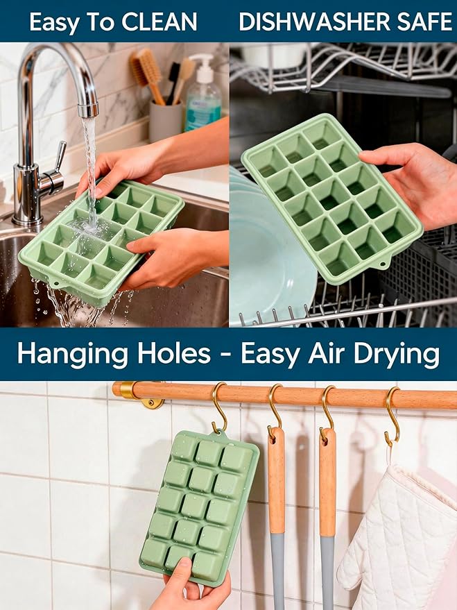 Silicone Ice Cube Tray, 2 Pack Ice Trays for Freezer with Lid, Easy Release and Stackable Silicone Ice Molds, Covered Ice Cube Trays for Cocktails, Whiskey, Coffee (Green) - Image 6