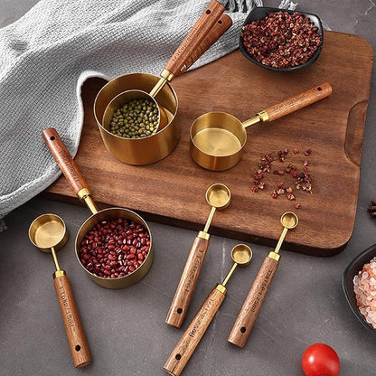 8Pcs Measuring Cups and Spoons Set - Golden Stainless Steel Measuring Cups with Wooden Handle, Metal Measuring Spoons Set Nesting Kitchen Measure Set for Kitchen/Food/Baking (8Pcs Wooden Handle) - Image 5
