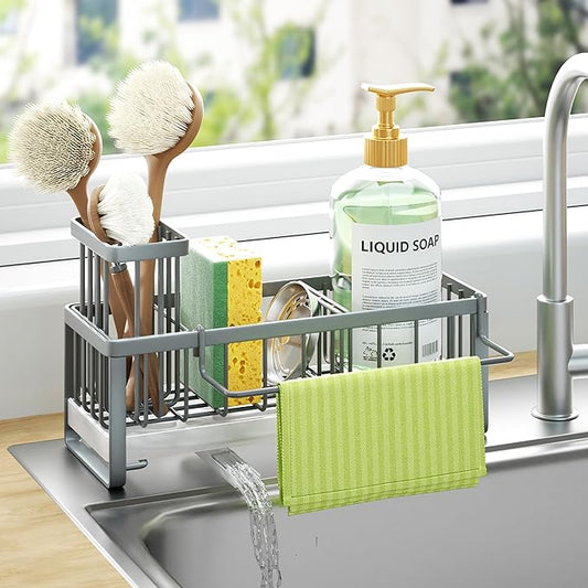 HapiRm Sponge Holder for Kitchen Sink - Self-draining Sink Caddy with Brush and Dishcloth Holders, Stainless Steel Kitchen Organizer for Countertop - Grey by HapiRm