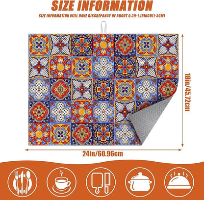 Talavera Mexican Tiles Dish Drying Mat for Kitchen Counter Microfiber Absorbent Dish Kitchen Drying Mat Draining Reusable Washable for Dishes/Utensils/Counterto