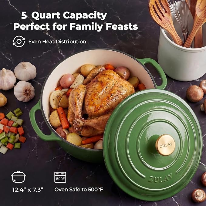 Zulay Kitchen 5 Quart Enameled Cast Iron Dutch Oven Pot with Lid – Premium Durability & Oven Safe up to 500°F – Heavy Duty Cookware Perfect for Bread Baking, Stews, Braising & Roasting – Green - Image 6