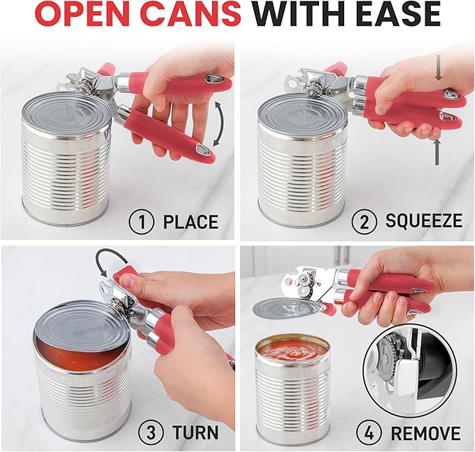 Zulay Kitchen Heavy Duty Stainless Steel Can Opener Manual with Large Bottle Opener - Manual Can Opener with Turn Knob with Soft Grip Handles - Red - Image 6