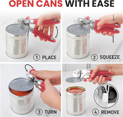 Zulay Kitchen Heavy Duty Stainless Steel Can Opener Manual with Large Bottle Opener - Manual Can Opener with Turn Knob with Soft Grip Handles - Red - Image 6