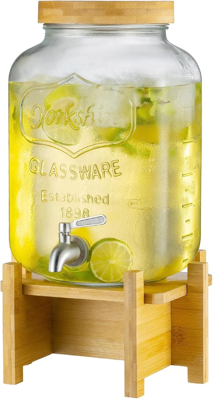 Drink Dispenser with Wood Stand and Lid,2 Gallon Glass Beverage Dispenser with Stainless Steel Spigot for Parties,Picnics,Barbecues,Lemonade,Sun tea Jar,ice coffee,Laundry Detergent Dispenser by PTSTING