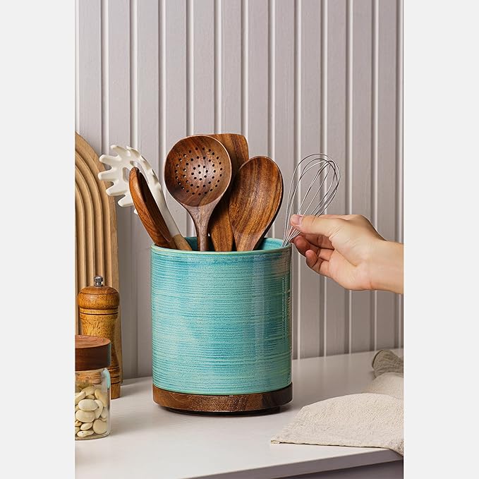 Utensil Holder, 360° Rotating Extra Large Ceramic Kitchen Utensil Holder for Countertop, Cooking Utensil Crocks for Counter with Rotatable Wooden Base, Farmhouse Kitchen Decor, Green - Image 7
