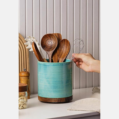 Utensil Holder, 360° Rotating Extra Large Ceramic Kitchen Utensil Holder for Countertop, Cooking Utensil Crocks for Counter with Rotatable Wooden Base, Farmhouse Kitchen Decor, Green - Image 7