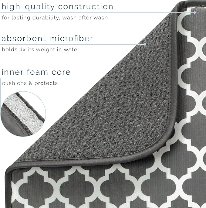 S&T INC. Dish Drying Mat XL, 18” x 24”, Absorbent Microfiber Kitchen Counter Mat, Dish Drying Pad for Dishes, Utensils, Pots and Pans, Extra Large, Pewter Grey Trellis - Image 3