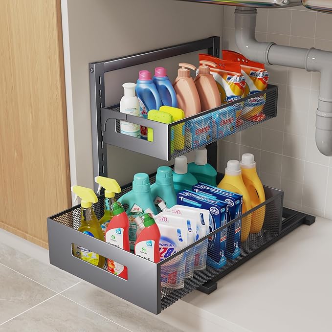 Petiza Under Sink Organizer Pull Out Cabinet Organizer Adjustable Height 2 Tier with Sliding Drawers Kitchen Bathroom Organizer and Storage(Gray-1pc) by petiza