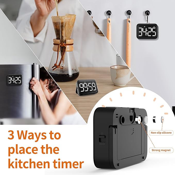 VOCOO Magnetic Kitchen Timer for Cooking with Count Up Countdown, Digital Timer Battery Powered with Large Display, 2 Brightness and Volume Levels for Classroom, Teacher, Kids (Dark Black) - Image 6