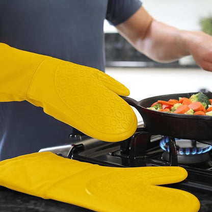 BPA-Free Soft Silicone Oven Mitts - Ultra Heat Resistant Oven Mitts with Thick Cotton Liner - Long Slip Resistant Pot Holders, Flexible Oven Gloves - Yellow 13.7" - Image 9