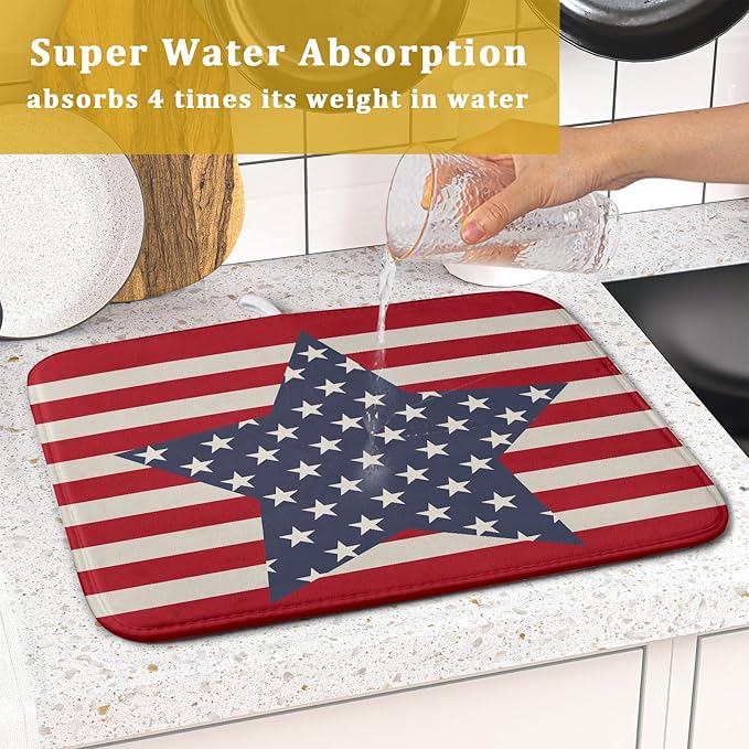 Blue Star Patriotic July of 4th Dish Drying Mat for Kitchen Counter 16x18 Independence Day Red Striped Absorbent Reversible Microfiber Drying Mats Kitchen Countertop Protector Dishes Drainer Rack Pad - Image 7