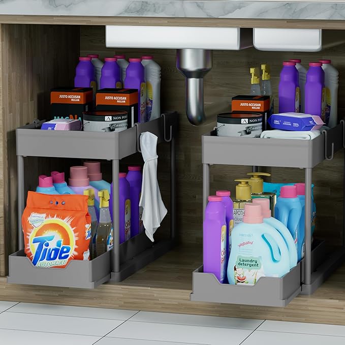 DEKAVA Under Sink Organizer 2 Pack，Bathroom Cabinet Organizer，2 Tier Sliding Cabinet Basket Organizer Drawer, Multi-Purpose Bath Collection Baskets for Bathroom (Grey) - Image 5